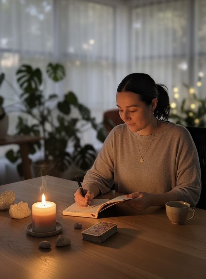 Courtney journaling in sacred ritual space with candle and tarot cards